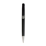 Plastic snap pen with black barrel and metallic tip and detail 1