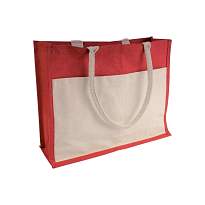 Jute shopping bag with gusset, handles and front pocket in natural cotton