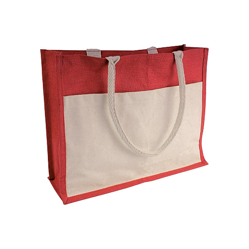 Jute shopping bag with gusset, handles and front pocket in natural cotton 1