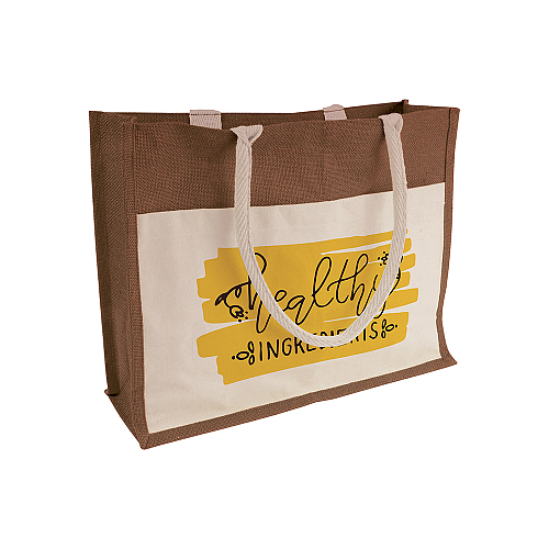 Jute shopping bag with gusset, handles and front pocket in natural cotton 3