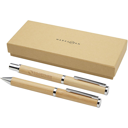 Apolys bamboo ballpoint and rollerball pen gift set  (black ink) 2