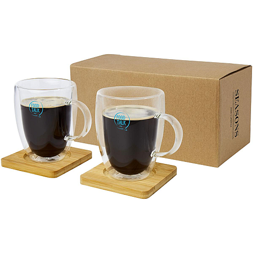 Manti 2-piece 350 ml double-wall glass cup with bamboo coaster  2