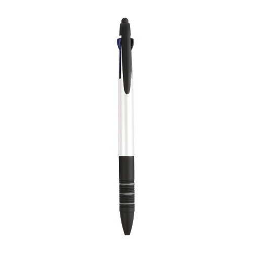 Plastic snap pen with 3 refills in blue, black and red, and touchscreen rubber tip 1