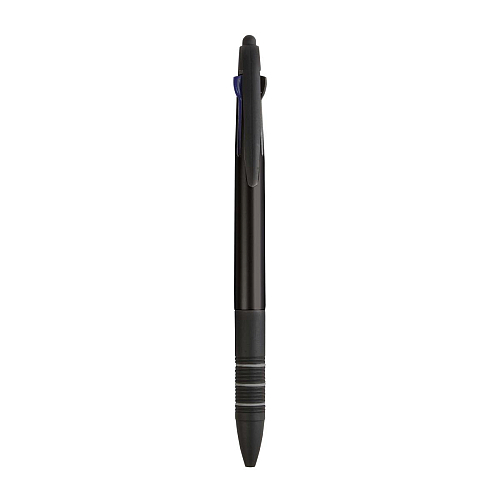 Plastic snap pen with 3 refills in blue, black and red, and touchscreen rubber tip 1