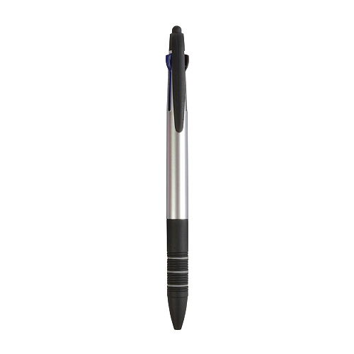 Plastic snap pen with 3 refills in blue, black and red, and touchscreen rubber tip 1