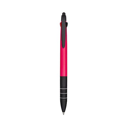 Plastic snap pen with 3 refills in blue, black and red, and touchscreen rubber tip 1