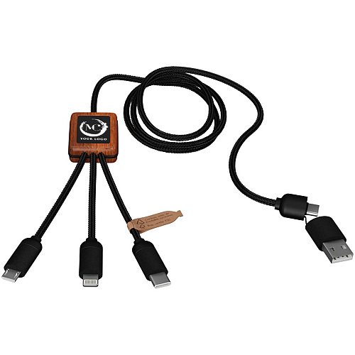 SCX.design C38 5-in-1 rPET light-up logo charging cable with squared wooden casing 2